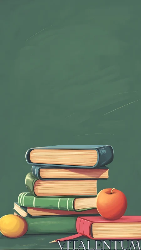 Stack of textbooks and apples on chalkboard background.