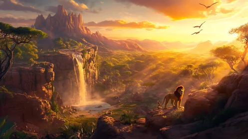 Desert landscape with lion and distant buttes at sunset.