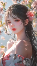 Spring-lit anime portrait of brunette girl in floral kimono