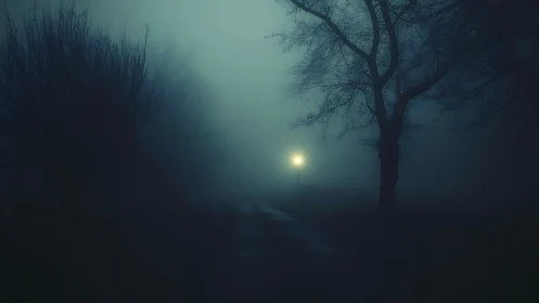Foggy park path with distant lamppost under moody blue haze