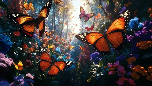 Digital painting of monarch butterflies in lush floral ravine.