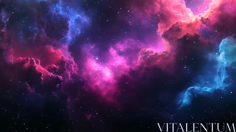 Nebula clouds glow in vivid pink and blue across deep space.