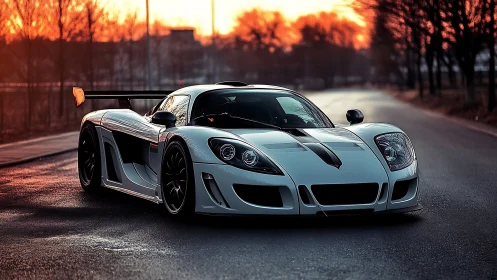 Track-focused white supercar under sunset thermal lighting.