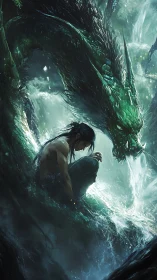 Human figure with emerald dragon in turbulent forest water.