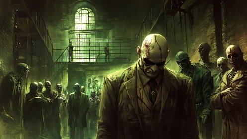 Zombified figures in decayed industrial hall interior.