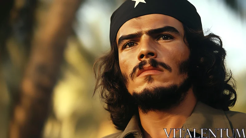 Revolutionary portrait under warm tropical sunlight glow.