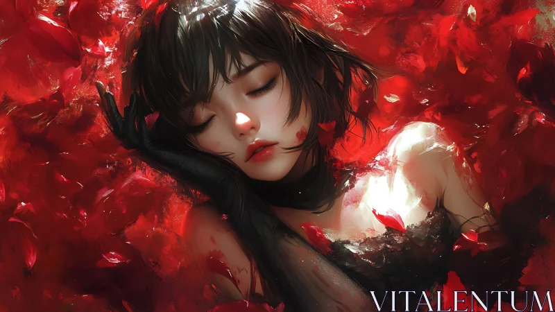 Dreaming woman drifts through crimson petals in silence.