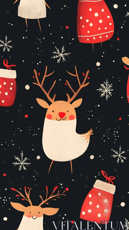 Playful Christmas reindeer dance across starry black night.