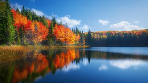 Golden autumn forest mirrored on a calm blue lake.