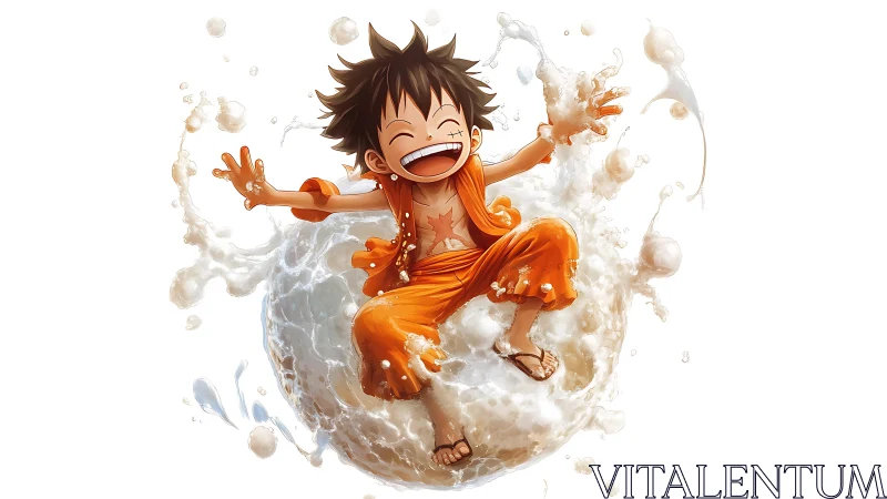 Youthful anime boy in orange clothing amid liquid splash.
