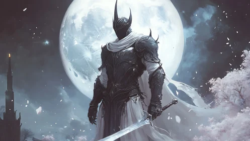 Moonlit dark knight stands guard before an eerie winter sky
