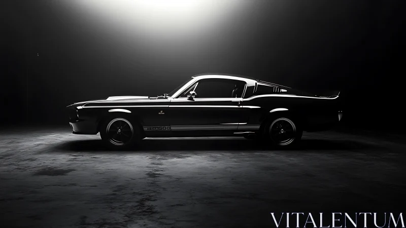 Classic black muscle car stands under dramatic studio spotlight