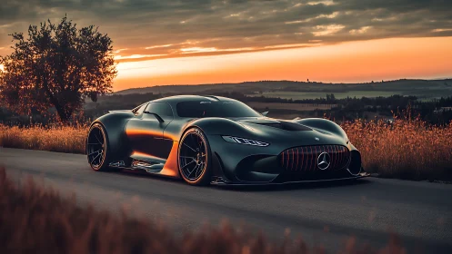 Photorealistic hypercar profile under cinematic sunset light.