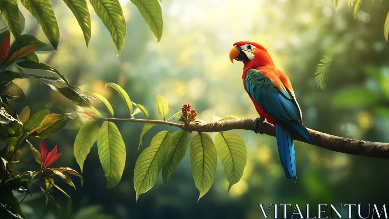 Vibrant Scarlet Macaw on Branch in Sunlit Tropical Forest Scene.