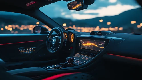 Futuristic sports car cockpit glows in cinematic twilight.