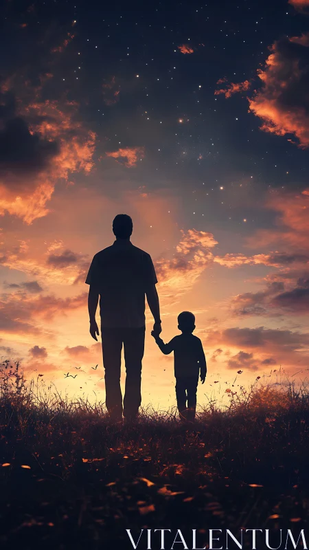 Father and child silhouettes under glowing starry sunset sky.