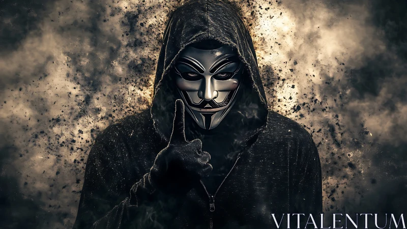 Hooded figure in metallic mask signals silence amid debris