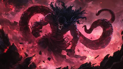 Demonic titan with tentacles in apocalyptic inferno scene.
