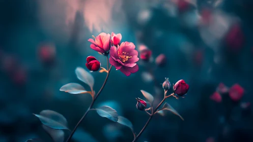 Pink Blooms in Deep Teal Garden Light.