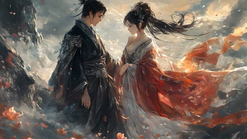 Romantic couple in flowing hanfu amid swirling clouds.