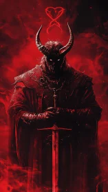 Horned demonic knight rendered in monochrome red with ritual sword