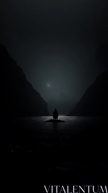 Nocturnal silhouette in moonlit canyon, minimalist composition.