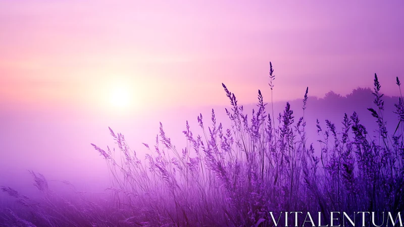 Misty Sunrise Over a Lavender Field in Soft Pastel Tones.