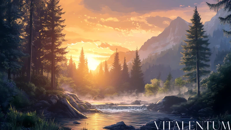 Mountain forest river at sunrise with mist and soft light.