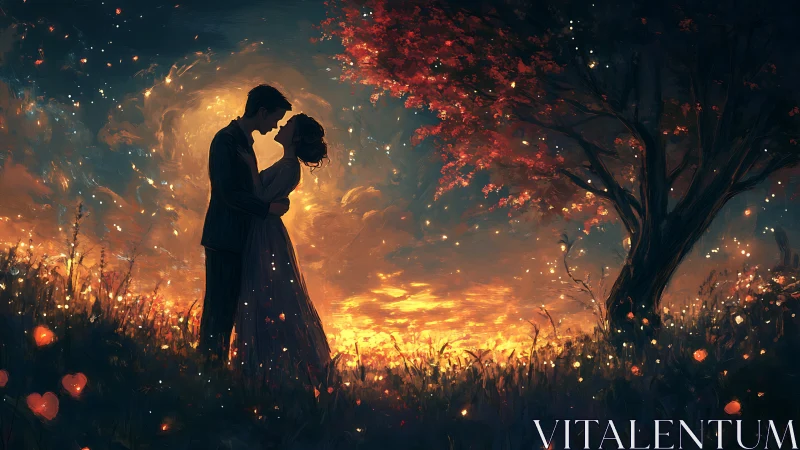 Silhouetted Embrace Under Golden Twilight Fire.
