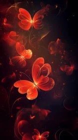 Luminous red butterflies drift through a cosmic night glow.