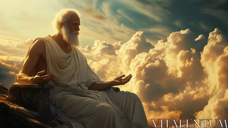 Elderly robed man seated before dense illuminated clouds.