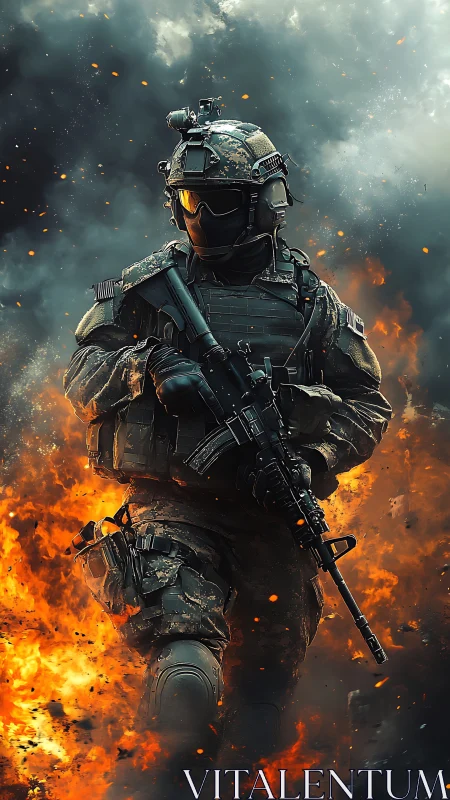 Tactical operator in full combat gear amid fiery explosion