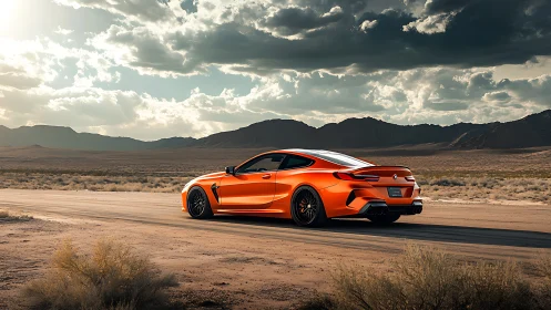 Orange sports coupe glows against vast desert highway sunset