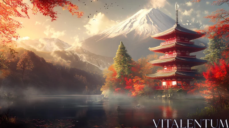 Red pagoda beside misty lake under snow covered mountain