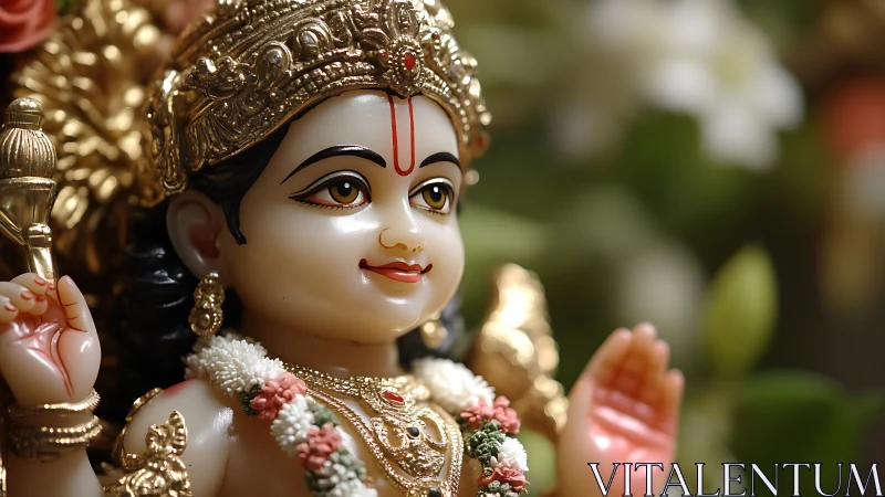 Ornate child deity sculpture rendered in shallow depth of field