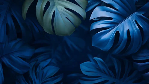 Spectral blue monstera foliage with hyperreal vein detailing.