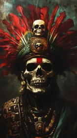 Regal skeletal warrior in feathered headdress and gold regalia.