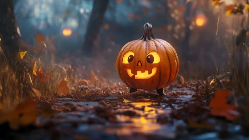 Carved pumpkin lantern stands on forest path at dusk