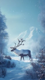 Gentle winter reindeer pausing under soft falling snow.