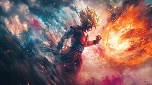 Blazing warrior strides through cosmic stormfire crescendo.