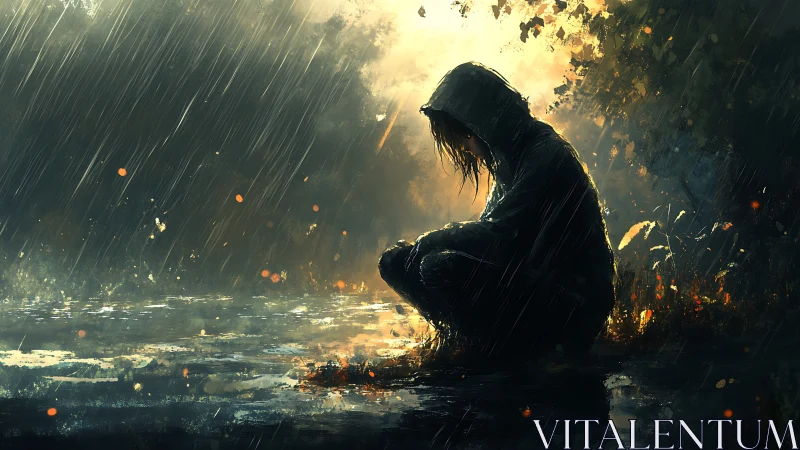 Solitary hooded figure crouched by a rainy forest pool.