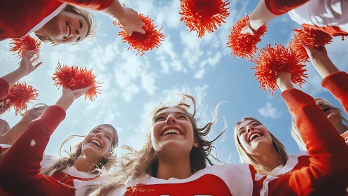 Cheerleaders celebrate in bright sunlight with orange pom poms.