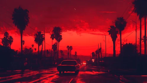 Red sunset city street with car and palm silhouettes.