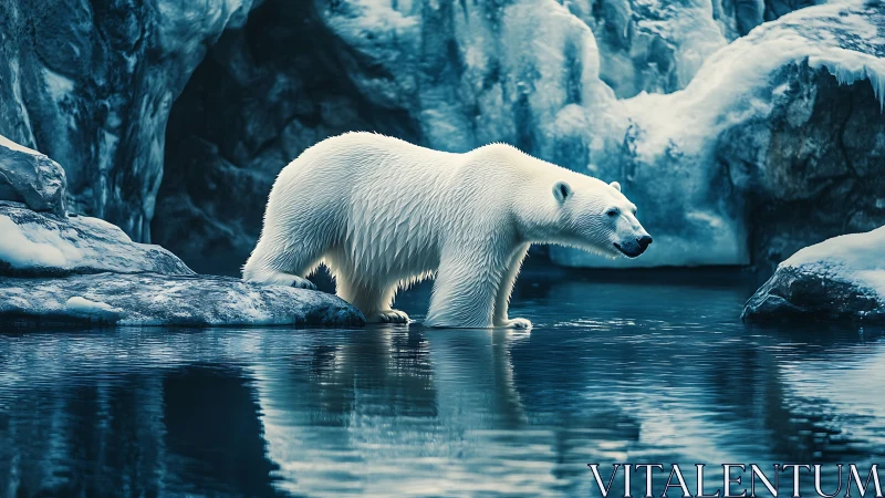 Polar wanderer pauses at the mirror-smooth glacial pool