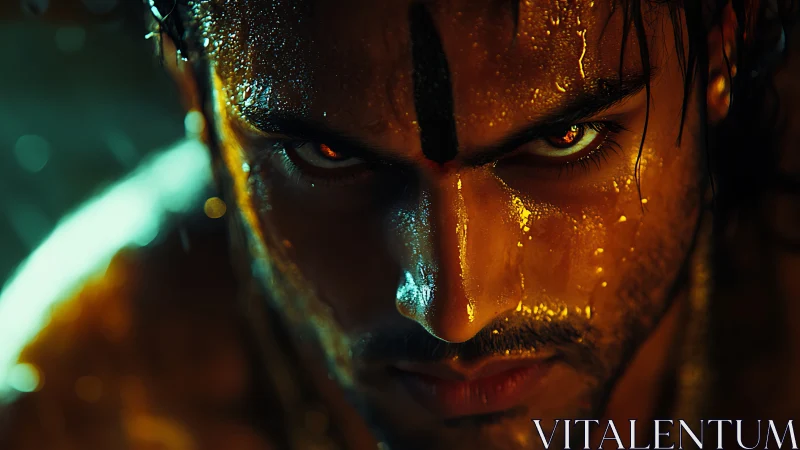 Molten-eyed warrior carves fury from the dripping shadows