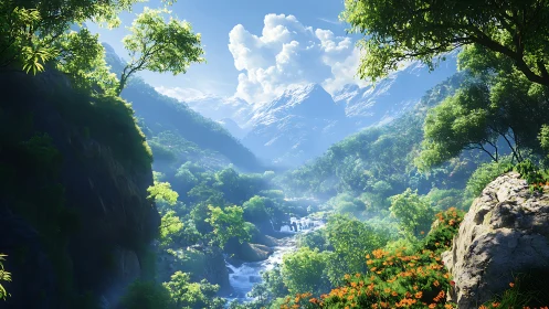 Lush green valley with river and distant snowy mountains.