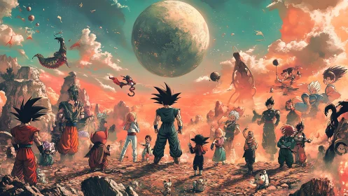 Ensemble of anime warriors on rocky alien battlefield.
