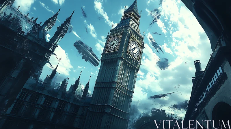Futuristic London clock tower under looming warship invasion.