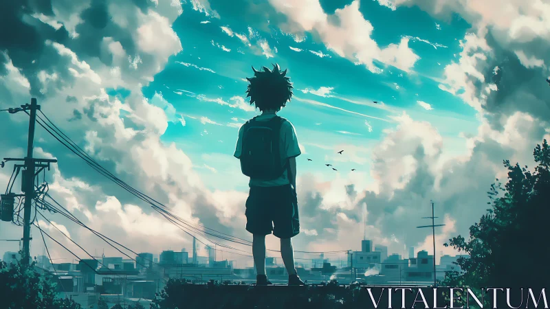 Backlit youth overlooks teal sky above urban skyline.