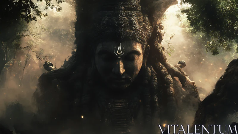 Ancient stone deity fused with colossal forest tree trunk.